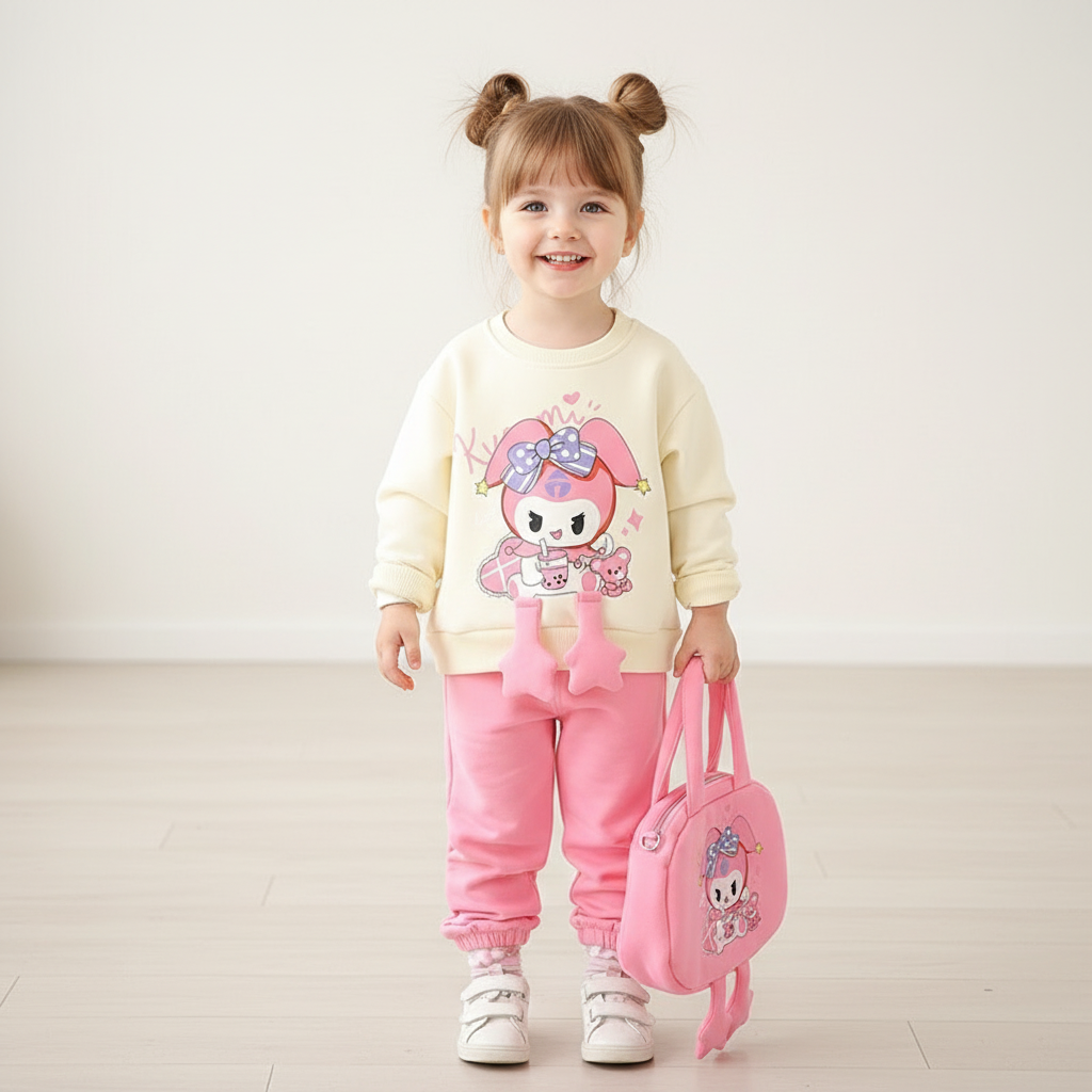 Compleu Fetite Bluza Crem si Pantaloni Roz Poppy