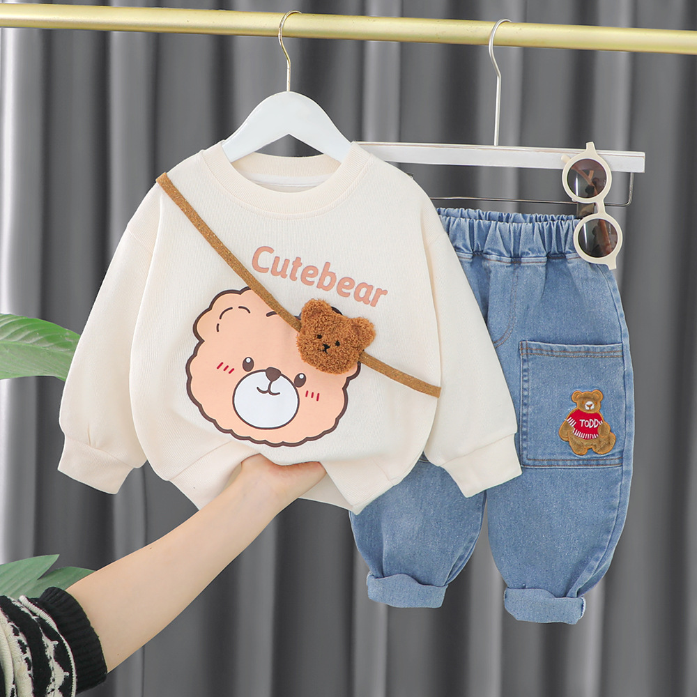 Compleu Bluza Crem si Pantaloni Albastri Cute Bear