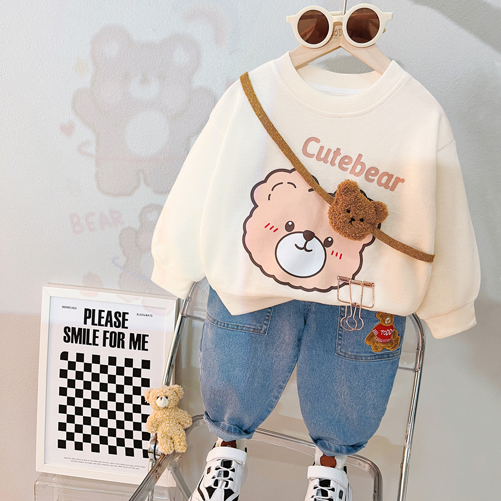 Compleu Bluza Crem si Pantaloni Albastri Cute Bear