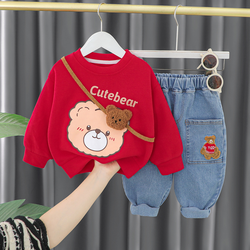 Compleu Bluza Rosie si Pantaloni Albastri Cute Bear