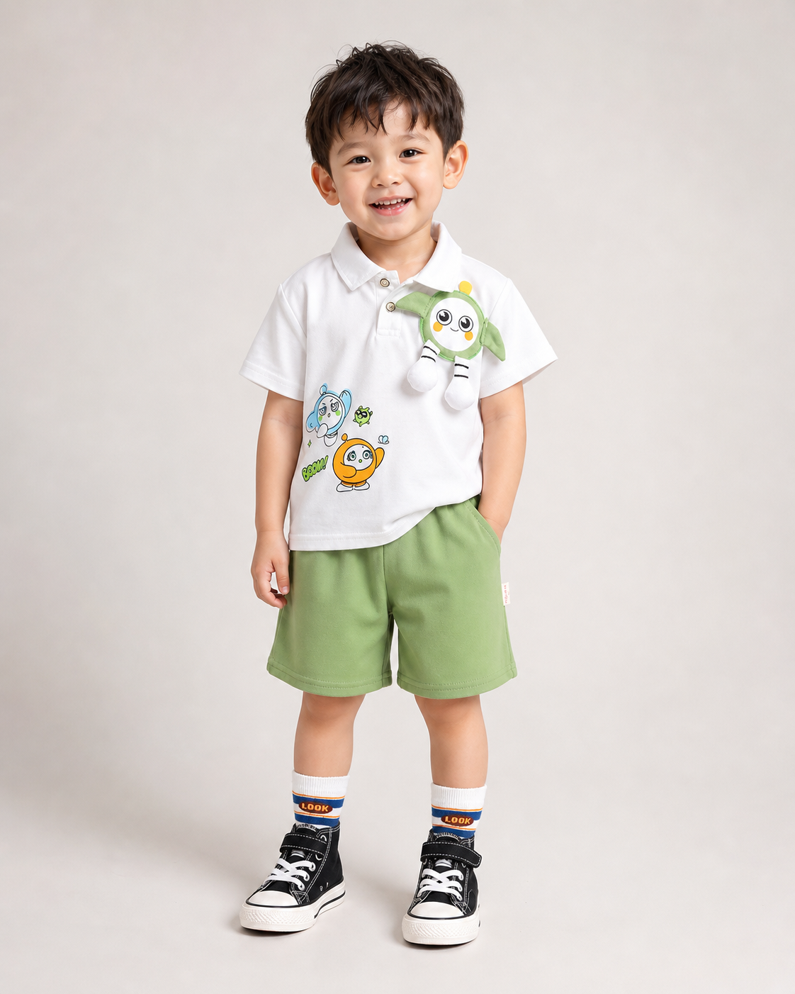 Compleu 2 Piese Băieți Tricou Alb și Pantaloni Scurți Carol