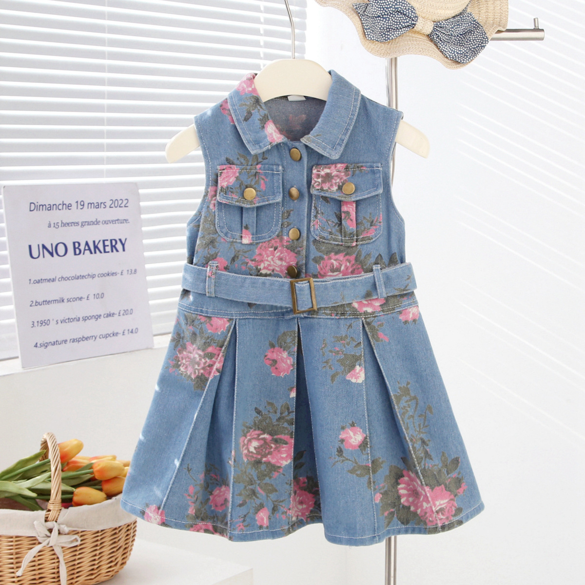 Rochie Blugi Fetițe Denim cu Imprimeu Roz și Curea Livia