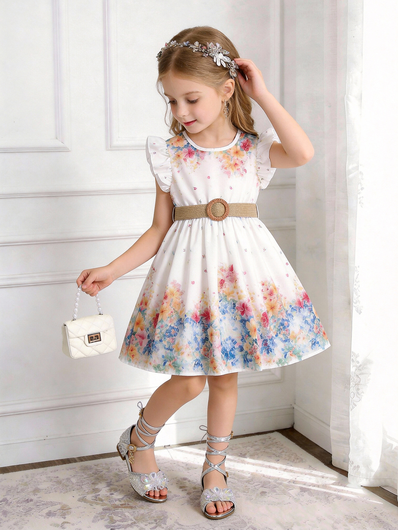 Rochiță Elegantă Fetițe Florală cu Curea Patricia