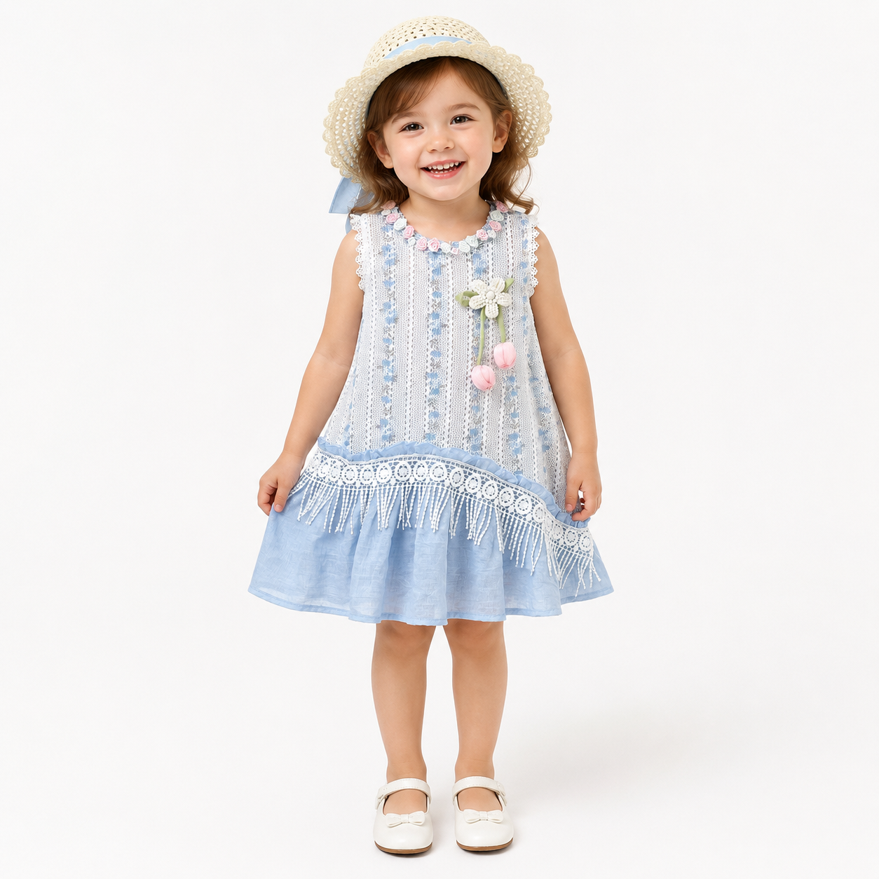 Rochiță Fetițe Albastru Broderie Florală Miriam