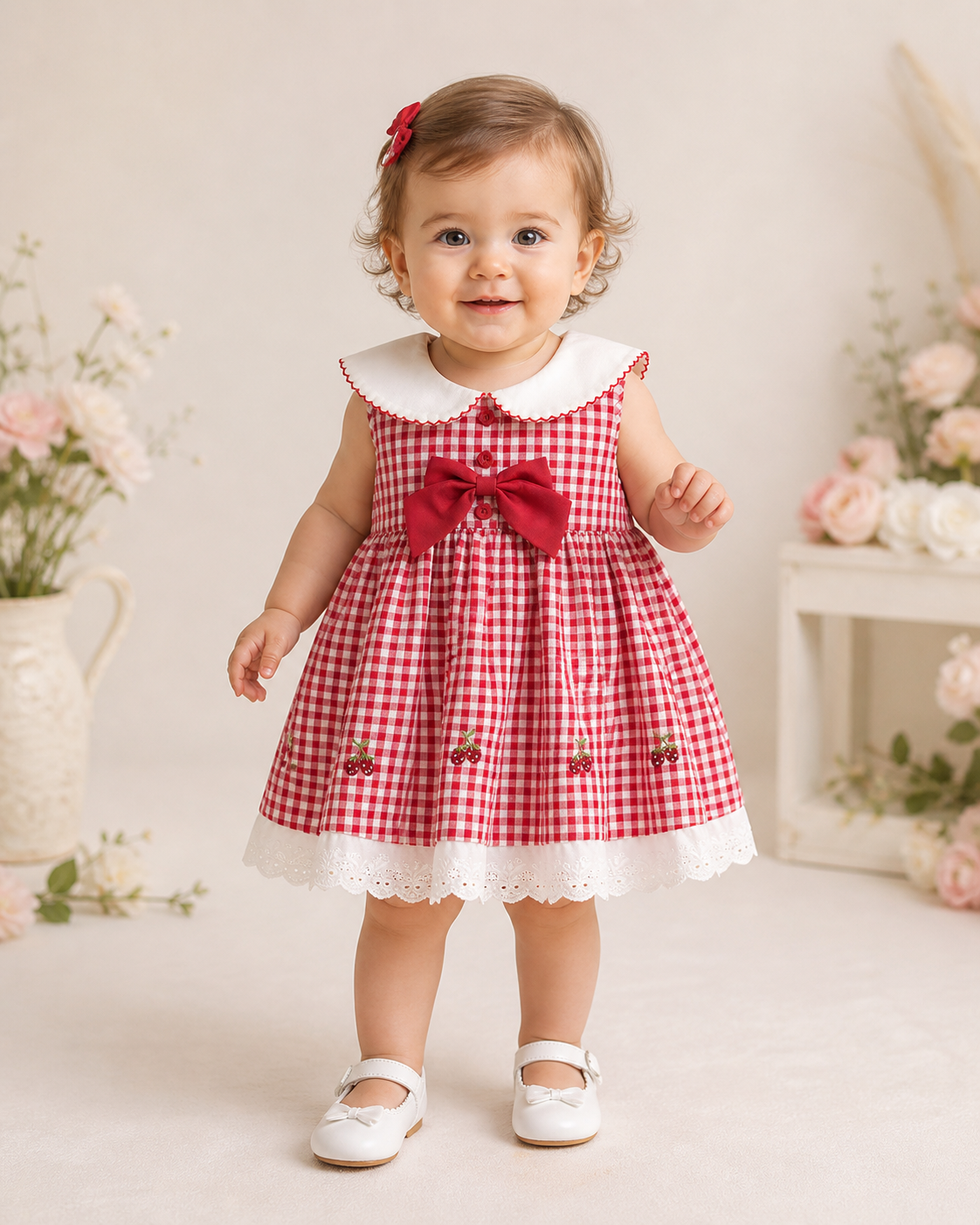 Rochiță Fetițe Carouri Roșu cu Alb Broderie Cireșe Isabella