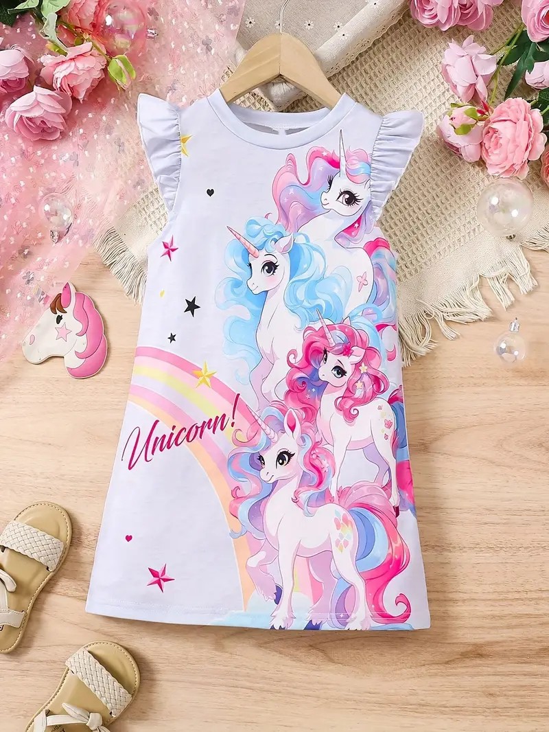 Rochiță Fetițe cu Unicorni și Curcubeu Luna