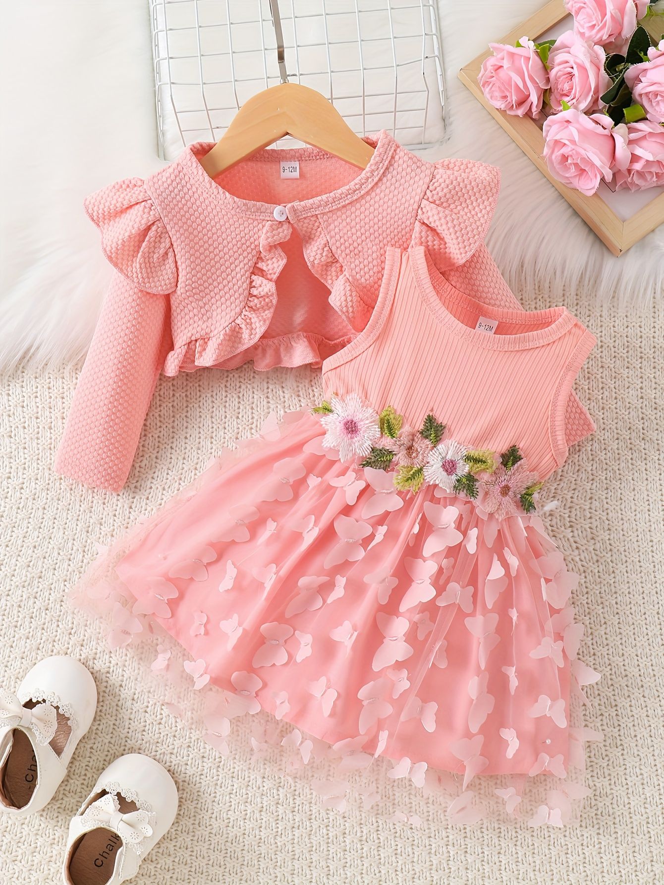 Rochiță și Bolero Roz Tulle și Aplicații Florale Noelia - 9-12 luni