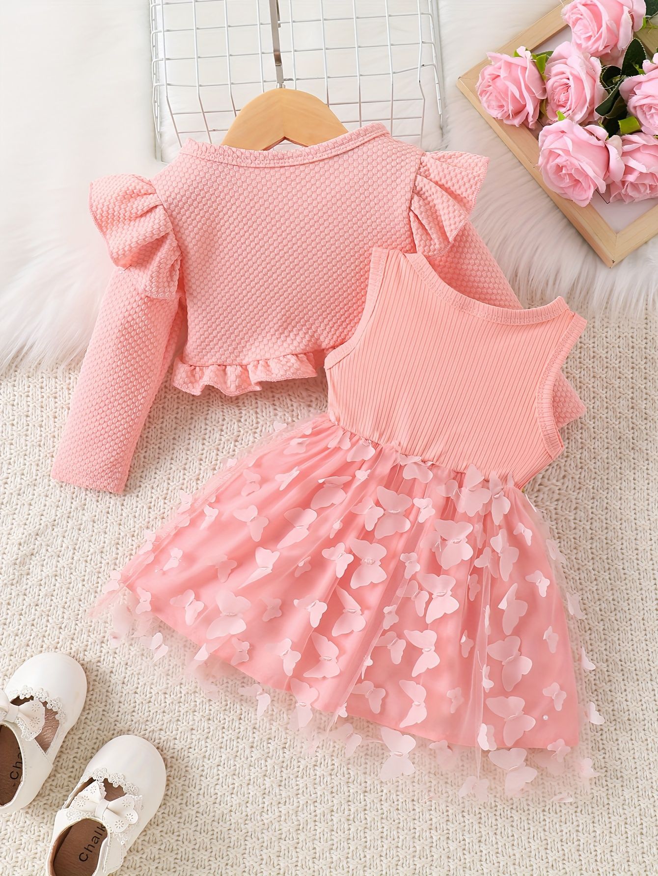 Rochiță și Bolero Roz Tulle și Aplicații Florale Noelia