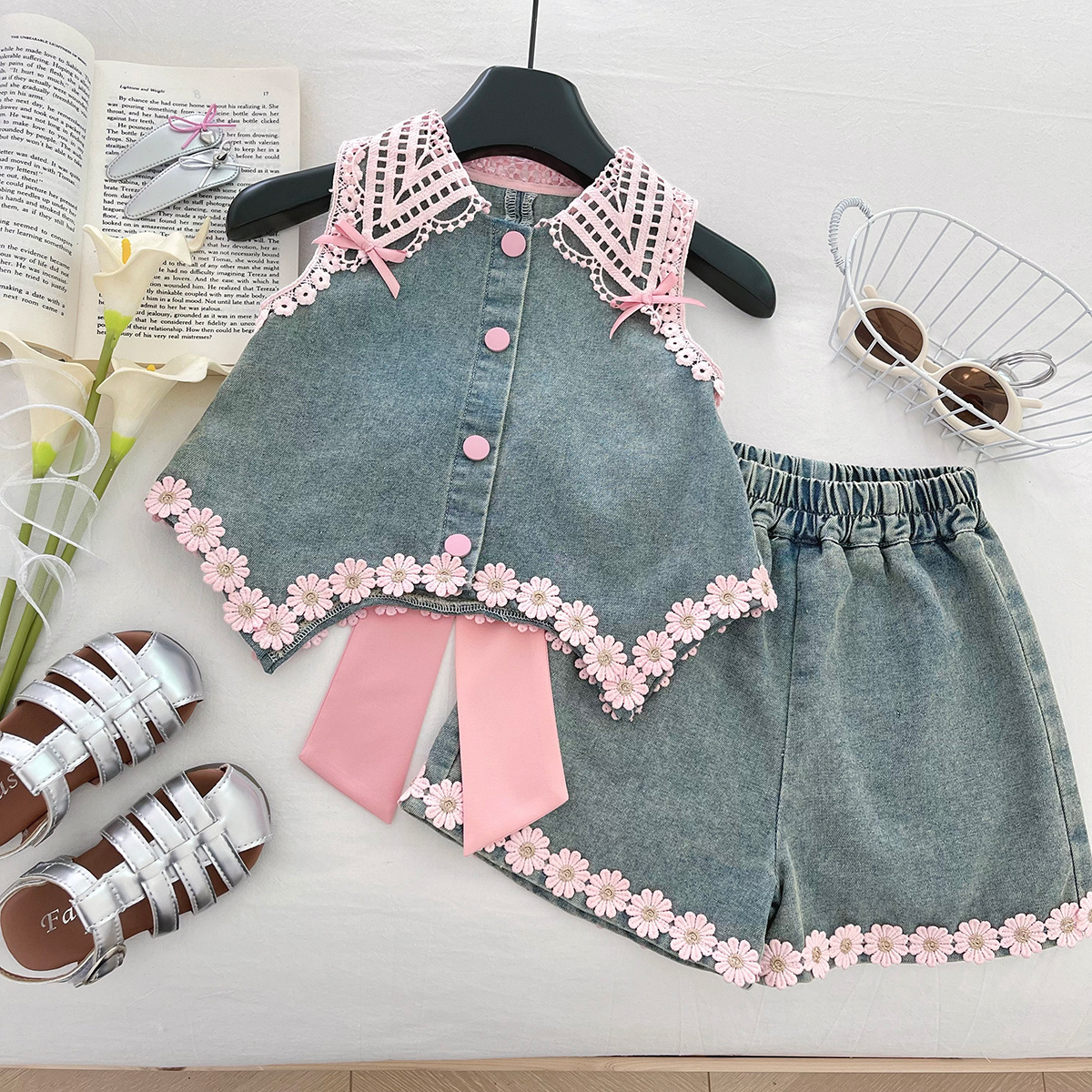 Compleu Fetite din Denim cu Fundita Roz Bia